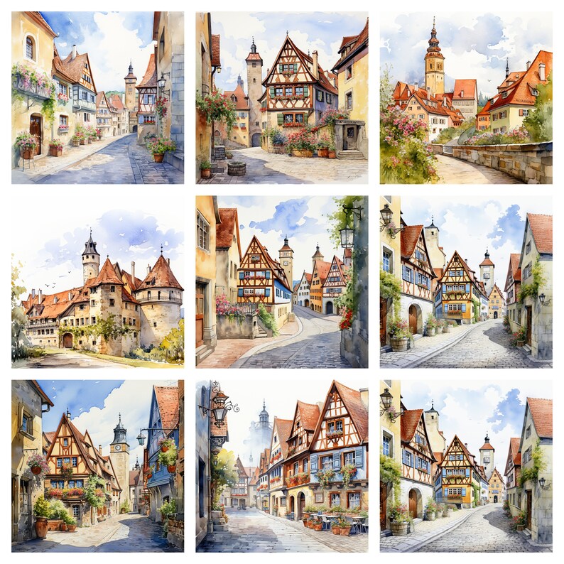 May include: A watercolor painting of a European village with cobblestone streets, colorful buildings, and a church steeple in the distance.