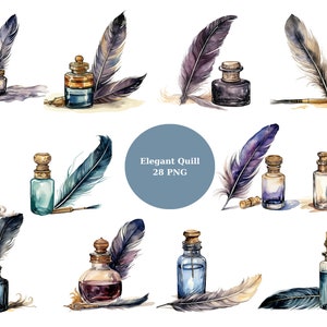 28 Elegante Quills Aquarell Clipart, Feder Clipart, PNG einzelne Bilder auf transparentem Hintergrund, Sublimation