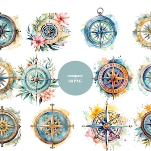 30 Kompasse Aquarell Clipart, Navigations Clipart, PNG Einzelbilder auf transparentem Hintergrund, Sublimation, kommerzielle Nutzung