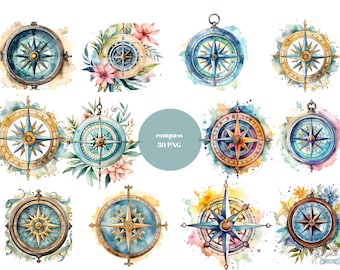 30 Compasses Watercolor Clipart, Navigation Clipart, PNG individual images on transparent background, sublimation, commercial use