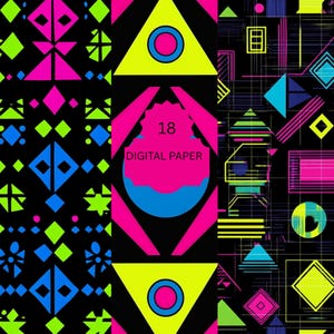 Neon Geometric Digital Paper Pack - 80s Retro Futuristic Backgrounds for Scrapbooking, Party Decor and Crafts