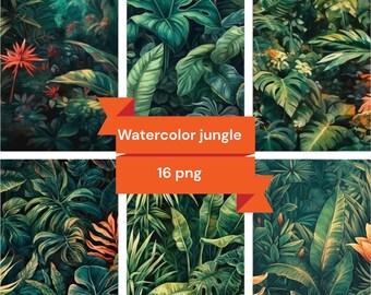 Watercolor Jungle Clipart, PNG digital files on transparent background, scrapbook, invitations, commercial use, instant download