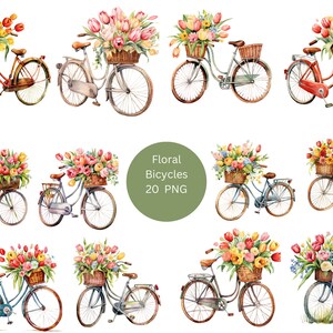 20 bloemen fietsen aquarel clipart, bloemen clipart, individuele png-afbeeldingen op transparante achtergrond, sublimatie