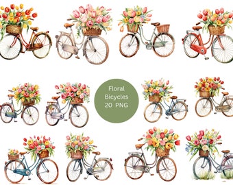 20 Floral Bicycles Watercolor Clipart, Floral Clipart, PNG individual images on transparent background, sublimation
