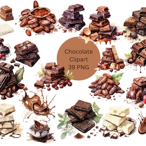Clipart acquerello al cioccolato, PNG di cioccolato fuso, fave di cacao, file digitali PNG su uno sfondo trasparente