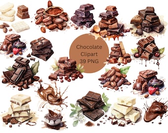 Chocolate Watercolor Clipart, Melted Chocolate PNG, Cocoa Beans, PNG digital files on a transparent background