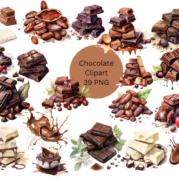 Chocolate Watercolor Clipart, Melted Chocolate PNG, Cocoa Beans, PNG digital files on a transparent background