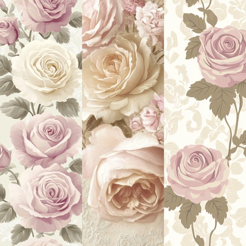 Vintage Rose Digital Paper - Romantic Pink Cream Floral Backgrounds ...