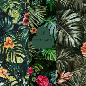 Tropical Jungle Digital Paper Pack – 18 Exotic Leaf and Hibiscus Backgrounds for Summer Crafts, Invitations, and Scrapbooking