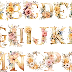 Aquarelle alphabet or floral, fond transparent, haute qualité, clipart, 12x12, utilisation commerciale
