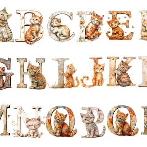 Clipart alphabet chat aquarelle, fichiers numériques PNG de lettres de chat sur fond transparent, sublimation, usage commercial