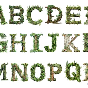 Aquarell Wald Alphabet Clipart, PNG Einzelbilder auf transparentem Hintergrund, Sublimation, kommerzielle Nutzung