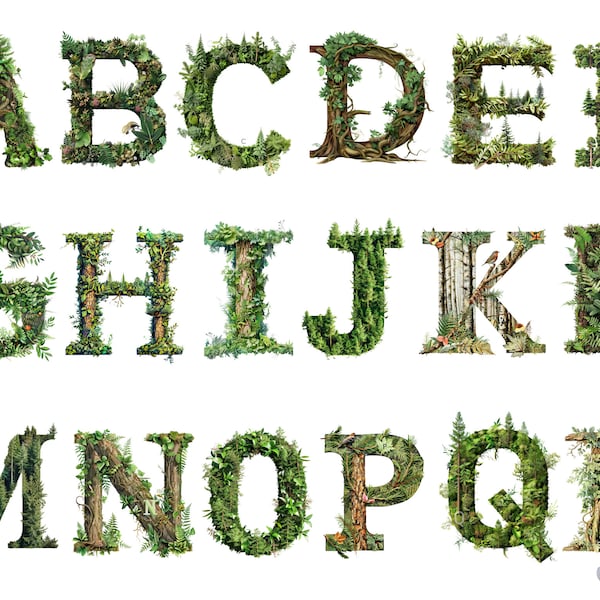 Watercolor Forest Alphabet Clipart, PNG individual images on transparent background, sublimation, commercial use
