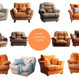 31 Comfy Armchairs Watercolor Clipart, Chairs Clipart, PNG individual images on transparent background, sublimation