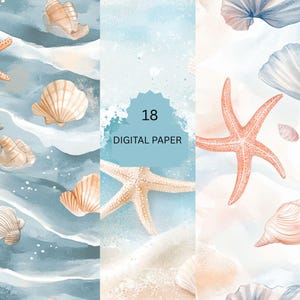 Beach Seashells and Starfish Digital Paper Pack - Watercolor Ocean Backgrounds for Summer Crafts and Coastal Journals
