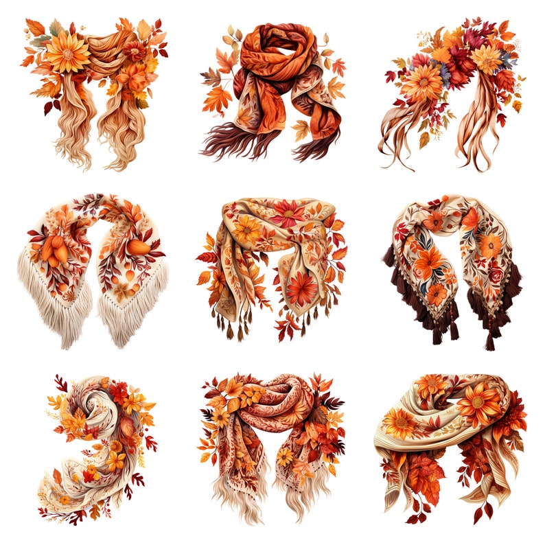 Embroidered Fall Scarfs Clipart, PNG Digital Files on a Transparent ...