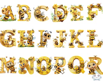 Watercolor Cute Bee Alphabet  Clipart, PNG individual images on transparent background, sublimation, commercial use