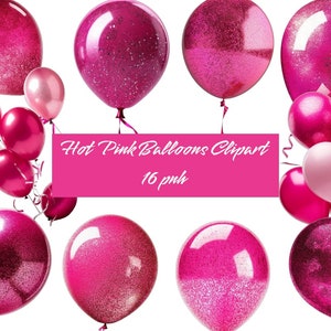 Hot Pink Balloons Clipart, paillettes ballon png superpositions numériques avec des confettis pour les anniversaires Téléchargement instantané utilisation commerciale