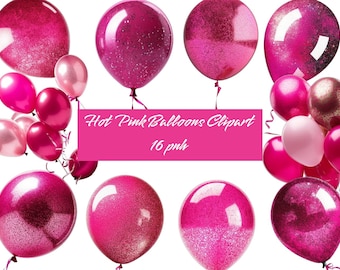 Hot Pink Balloons Clipart, glitter ballon png digitale overlays met confetti voor verjaardagen instant download commercieel gebruik