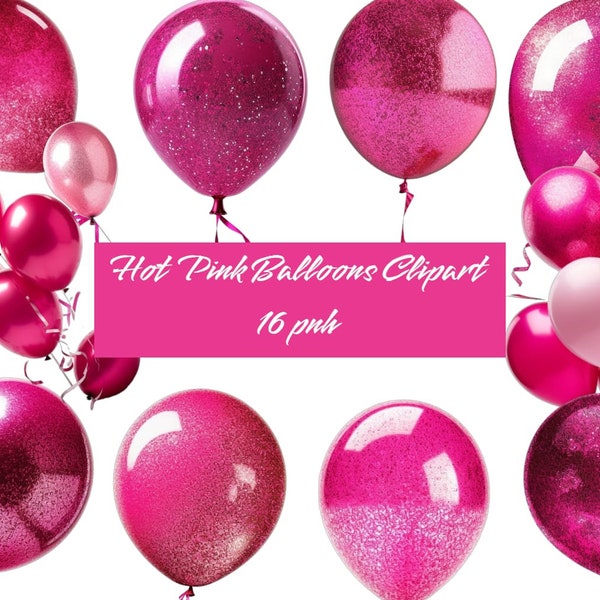 Hot Pink Balloons Clipart, glitter balloon png digital overlays with confetti for birthdays instant download commercial use