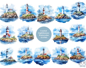 Watercolor 33 Coastal Lighthouses Clipart, transparent background, high quality, clipart, 12x12, commercial use