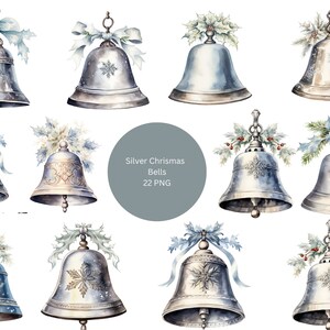 22 Christmas Silver Bells Watercolor Clipart, Christmas Clipart, PNG individual images on transparent background, sublimation