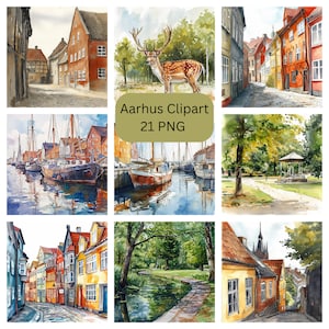 Acquerello Aarhus Clipart, bellissima Danimarca PNG, singole immagini su sfondo trasparente, sublimazione, uso commerciale