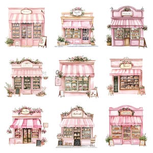 36 Pink Bakery Storefront Watercolor Clipart, file digitali PNG su sfondo trasparente, sublimazione, uso commerciale