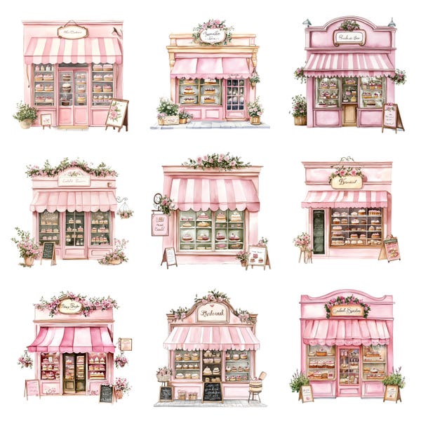 36 Pink Bakery Storefront Watercolor Clipart, PNG digital files on transparent background, sublimation, commercial use