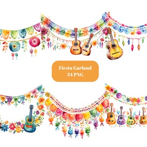 34 Fiesta Garlands Watercolor Clipart, Garland Clipart, PNG individual images on transparent background, sublimation