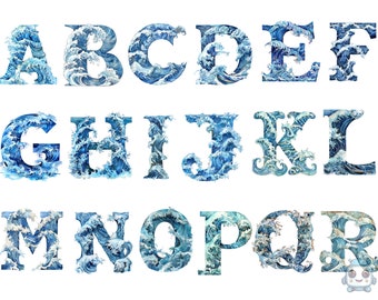Könnte beinhalten: Ein Alphabet, bei dem jeder Buchstabe aus einem blauen und weißen Aquarellwellenmuster gebildet wird.