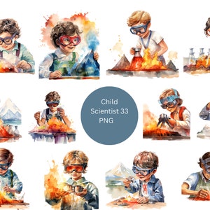 33 kinderwetenschappers aquarel clipart, wetenschap clipart, individuele png-afbeeldingen op transparante achtergrond, sublimatie