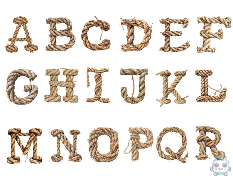 May include: The alphabet A through R is made of natural rope. Each letter is formed by twisting the rope into the shape of the letter.