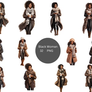 32 zwarte vrouwen met koffie aquarel clipart, women of colour clipart, individuele png-afbeeldingen op transparante achtergrond, sublimatie