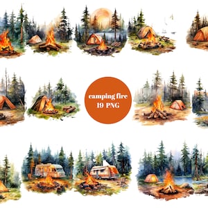 19 Camping Fire Acquerello Clipart, Camping Clipart, file digitali PNG su sfondo trasparente, sublimazione, uso commerciale