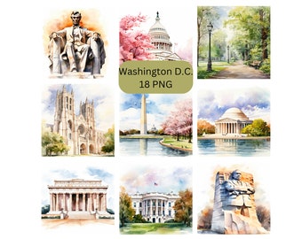 Watercolor Washington D.C. Clipart, PNG digital files on transparent background, sublimation, commercial use