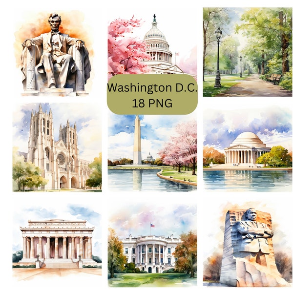 Watercolor Washington D.C. Clipart, PNG digital files on transparent background, sublimation, commercial use