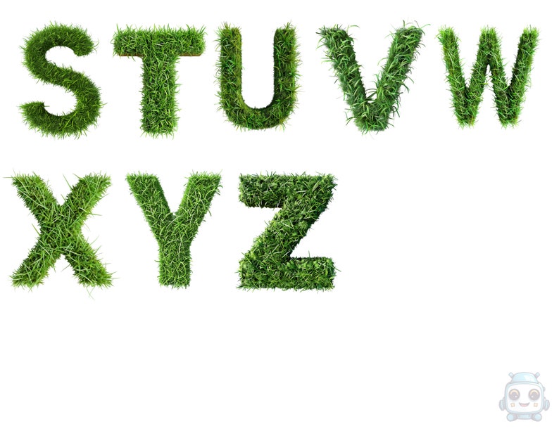 May include: The letters S, T, U, V, W, X, Y, and Z are formed from green grass.