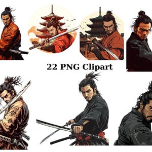 22 samurai-clipart, afzonderlijke png-afbeeldingen op transparante achtergrond, sublimatie