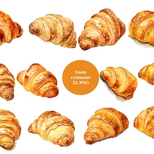 32 verse croissants aquarel clipart, gebak clipart, voedsel clipart, individuele PNG-afbeeldingen op transparante achtergrond, sublimatie