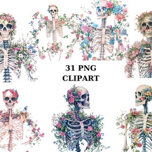 Floral Skeleton Clipart, 31 PNG Images, Watercolor Skeletons with Flowers,PNG individual images on transparent background, sublimation