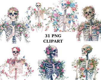 Floral Skeleton Clipart, 31 PNG Images, Watercolor Skeletons with Flowers,PNG individual images on transparent background, sublimation