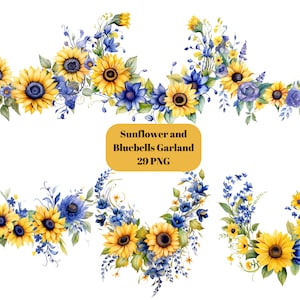 29 cliparts aquarelle de guirlandes de tournesol et de jacinthe des bois, clipart de guirlande, images individuelles PNG sur fond transparent, sublimation