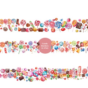 31 Candy Borders Watercolor Clipart, Border Clipart, PNG individual images on transparent background, sublimation