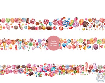 May include: Watercolor illustration of candy borders featuring lollipops, chocolates, and various sweets. The image includes a variety of colorful candies, including swirl lollipops, hard candies, and chocolate bars. The text "Candy Borders 31 PNG" is also present.