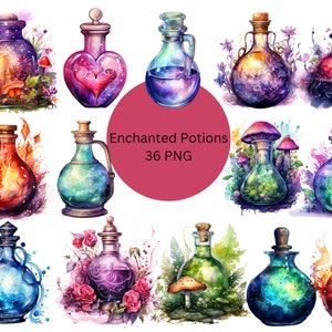 Może przedstawiać: Zestaw 36 akwarelowych ilustracji magicznych eliksirów w szklanych butelkach. Każda butelka jest wypełniona kolorowymi cieczami i otoczona magicznymi elementami, takimi jak kwiaty, grzyby i wirujący dym.