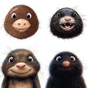 Cute Mole Clipart Set – Funny Mole Faces PNG, Cartoon Burrowing Animal Heads, Kids Digital Sticker Bundle