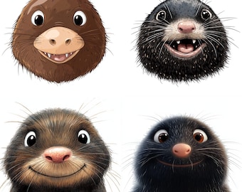 Set di clipart di talpe carine - Facce di talpa divertenti in formato PNG, teste di animali che scavano nei cartoni animati, pacchetto di adesivi digitali per bambini