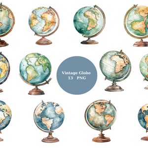 13 Vintage Globes Aquarell Clipart, Vintage Clipart, PNG einzelne Bilder auf transparentem Hintergrund, Sublimation