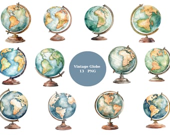 13 Vintage Globes Watercolor Clipart, Vintage Clipart, PNG individual images on transparent background, sublimation